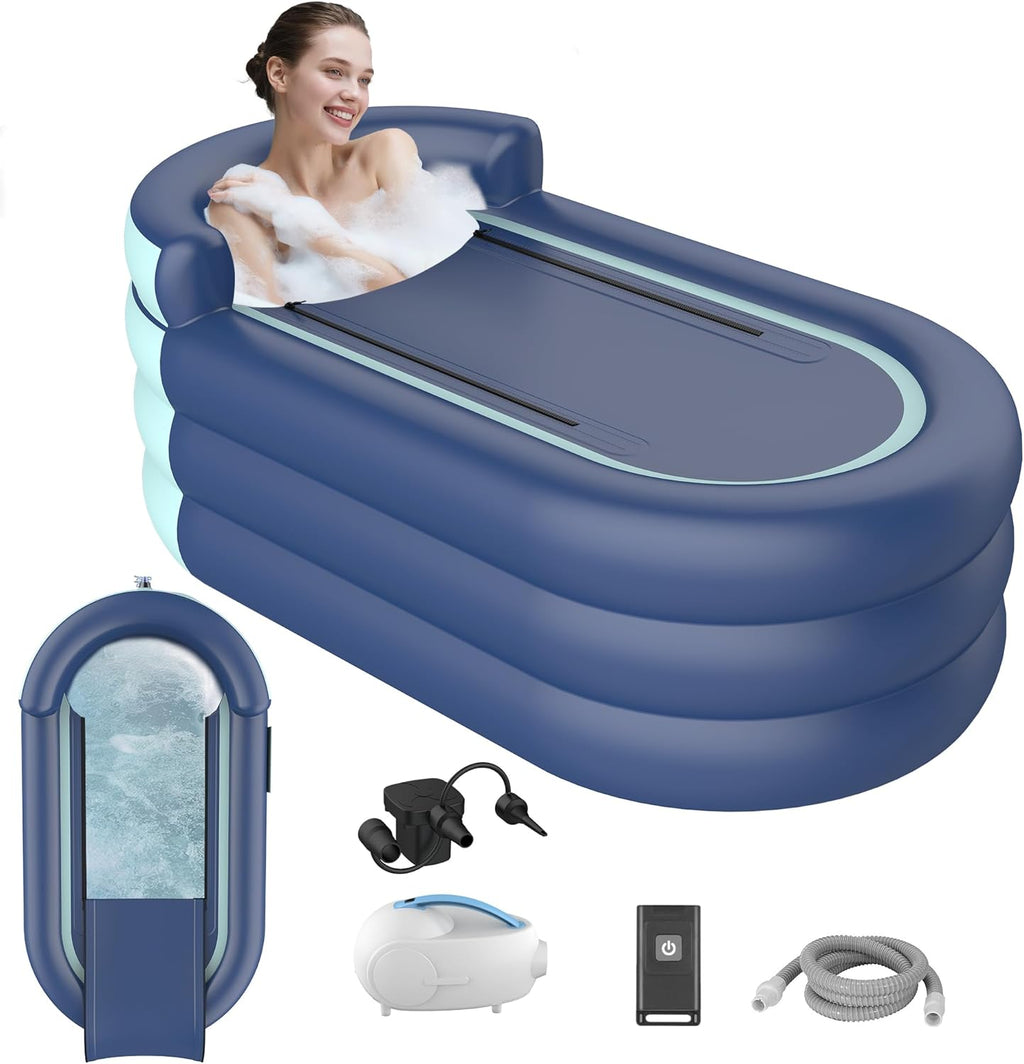 Inflatable Bathtub & Bubble Spa Mat- Portable Hot Tub for Adults, Equipped with a Bubble Math Mat for Massage, Fits Any Bathroom, Foldable Design for Renters/Apartments (65"x33"x26" 220lb)
