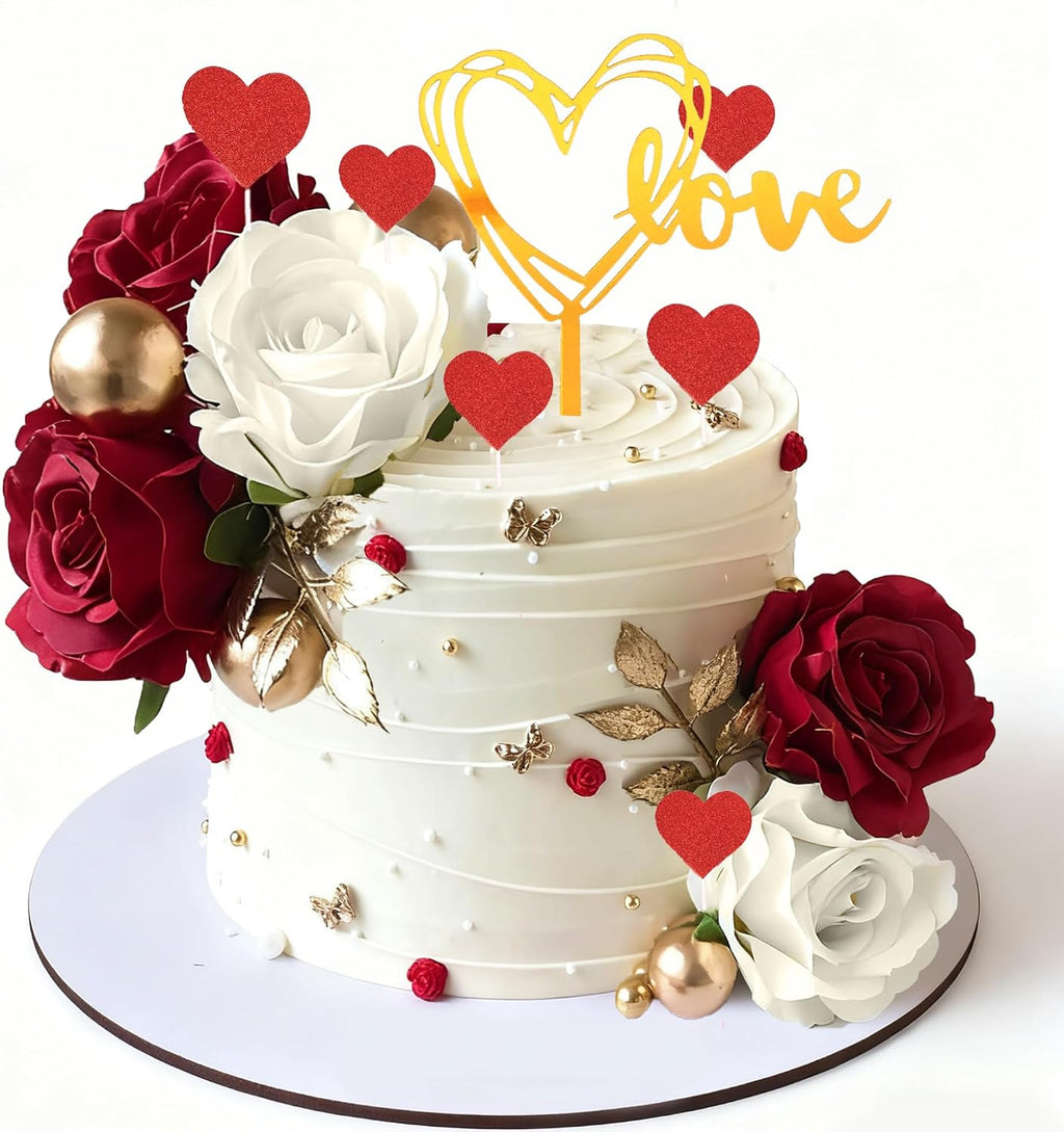 Happy Valentine's Day Cake Topper with Artificial Roses Balls for Wedding Anniversary Engagement Happy Valentine's Day Party Supplies