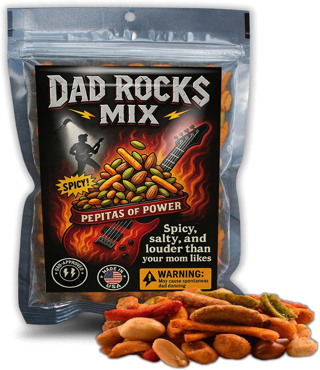 Dad Rocks Mix - Spicy Trail Mix for Men - Funny Father's Day Gift for Dad - Loud Gift for Music Lovers - Hilarious Snack for Rock Dads - Novelty Gag Gift from Kids