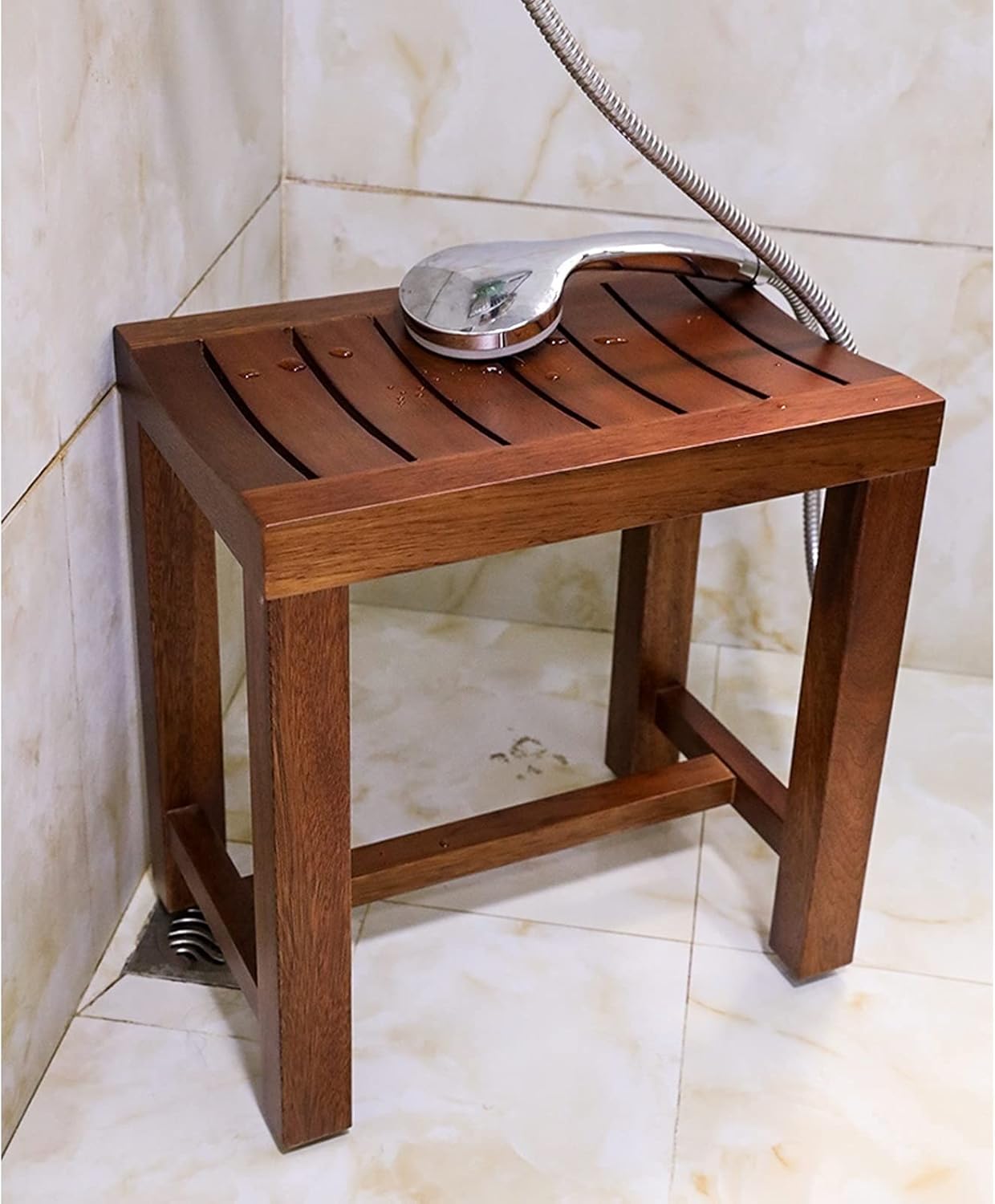 Wooden Shower/Bath Stool Bathroom Bench Waterproof Non-Slip Spa Bathtub Bathing Seat Foot Rest Small Step Stool Indoor Outdoor Patio Garden Yard, 42×28×43cm