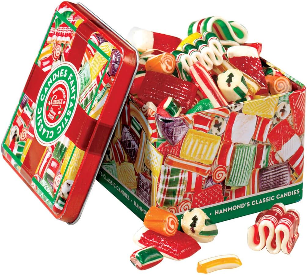 Hammond's Candies - Old Fashioned Holiday Classics Mix Hard Candy in Decorative Tin, Includes Assorted Ribbon, Pillow, & Hard Candies, Handcrafted in the USA