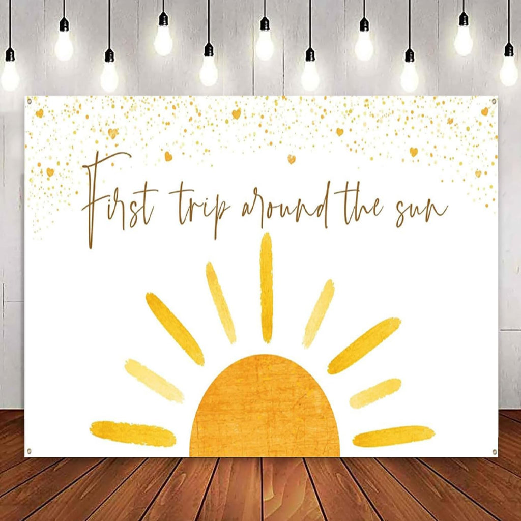 First Trip Around The Sun Backdrop for 1st Birthday Party Decorations Supplies,First Birthday Photography Backdrop Banner Muted Sunrise Wall Hanging Decor
