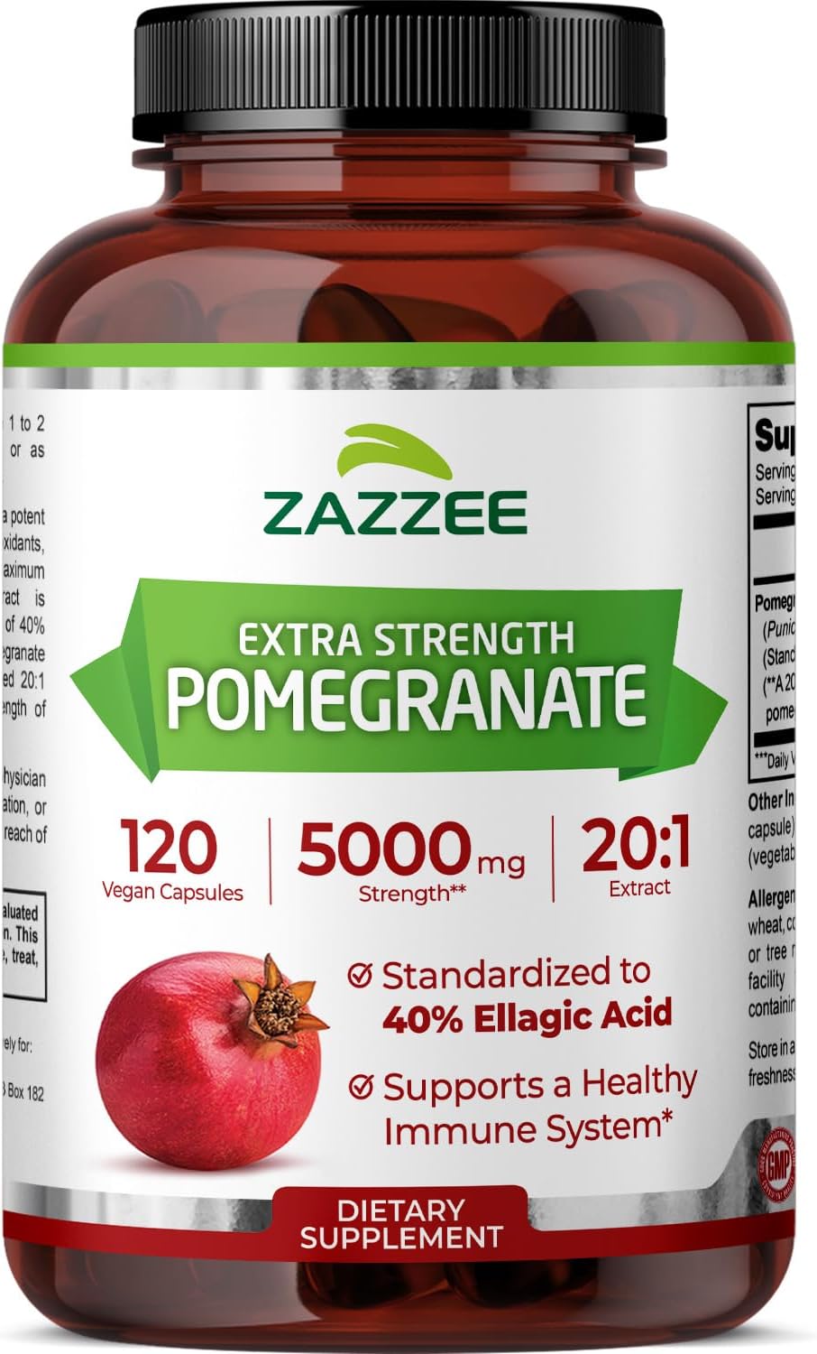 Zazzee Extra Strength Pomegranate 20:1 Extract, 40% Ellagic Acid, 120 Vegan Capsules, 4 Month Supply, Punica Granatum, Antioxidant & Cellular Health Support, Non-GMO, Made in the USA