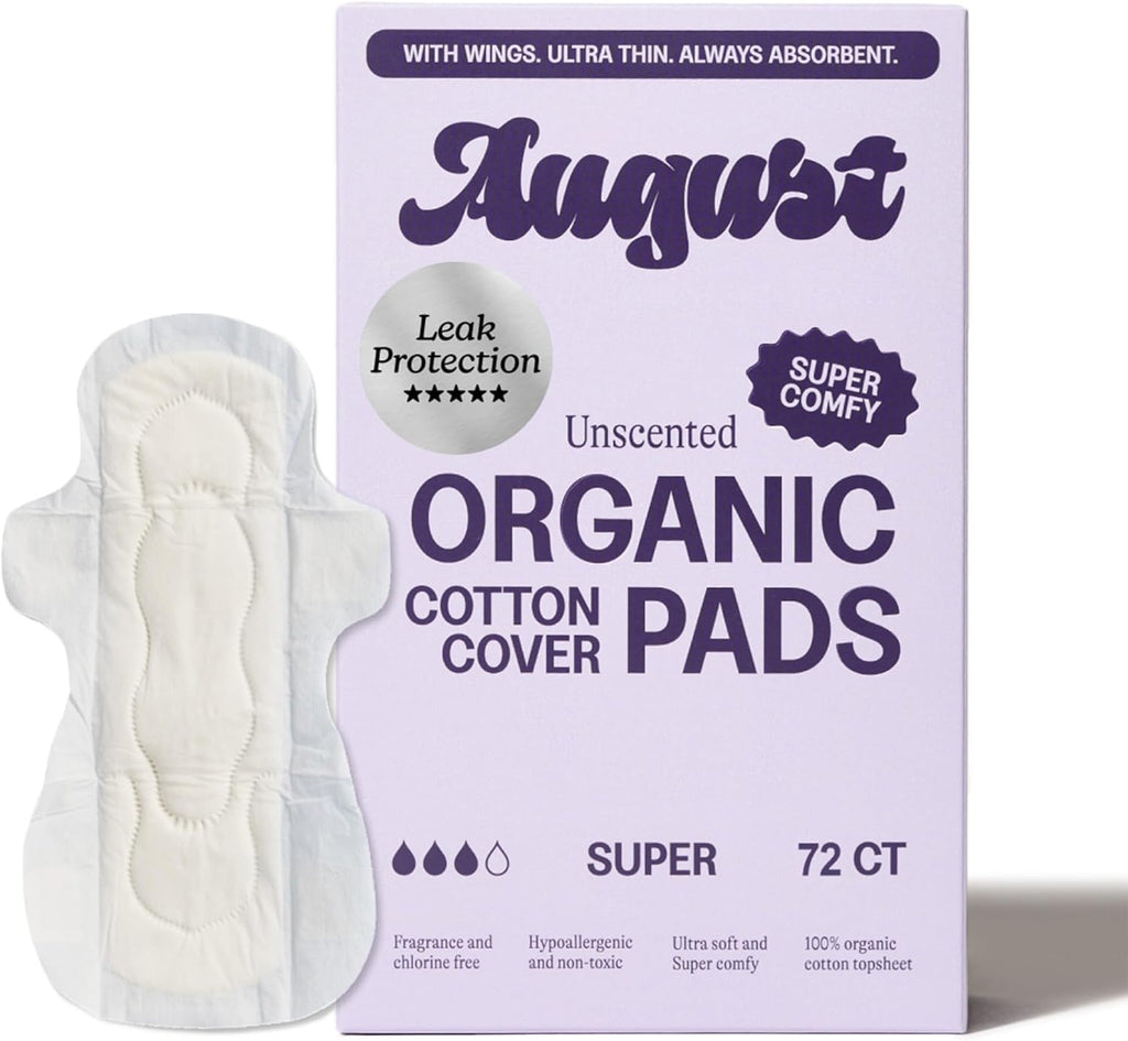August Super Cotton Menstrual Pads, 72-Pack Ultra Thin Pads with Wings, Hypoallergenic Sanitary Napkins with Organic Cotton Topsheet, Compostable Wrappers, Toxin Free, Fragrance Free