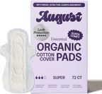 August Super Cotton Menstrual Pads, 72-Pack Ultra Thin Pads with Wings, Hypoallergenic Sanitary Napkins with Organic Cotton Topsheet, Compostable Wrappers, Toxin Free, Fragrance Free