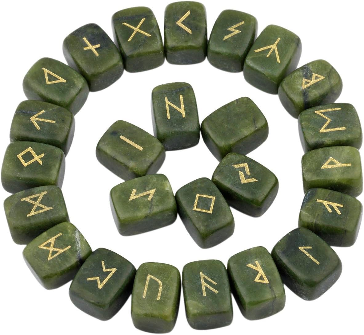 rockcloud Green Jade Rune Stones Tumbled Engraved Lettering Crystal Set for Wicca Crystals Healing Chakra Reiki