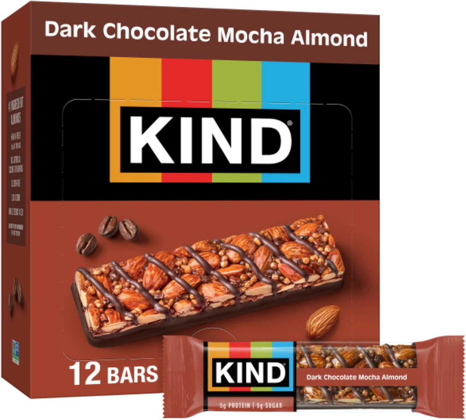 KIND Healthy Snacks Bars, Dark Chocolate Mocha Almond, Gluten Free, Low Sugar, High Fiber Snacks, 5g Protein, 12 Count