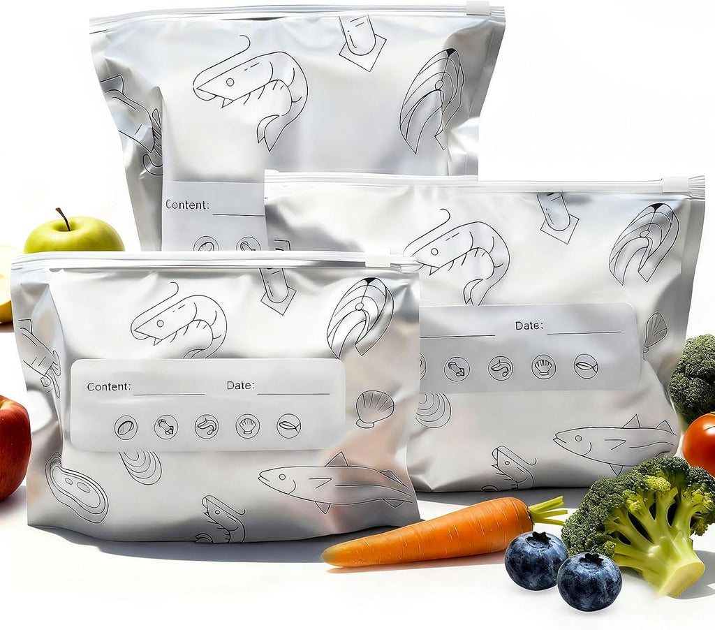 Aluminum Foil Food Storage Bags, Reusable Freezer Bags for Refrigerator, Stand Up Airtight Vacuum Sealer Bags, Heavy Duty Smell Proof Lock Freshness, Perfect for Meat, Vegetables (30, 3 SIZE / 30 PCS)