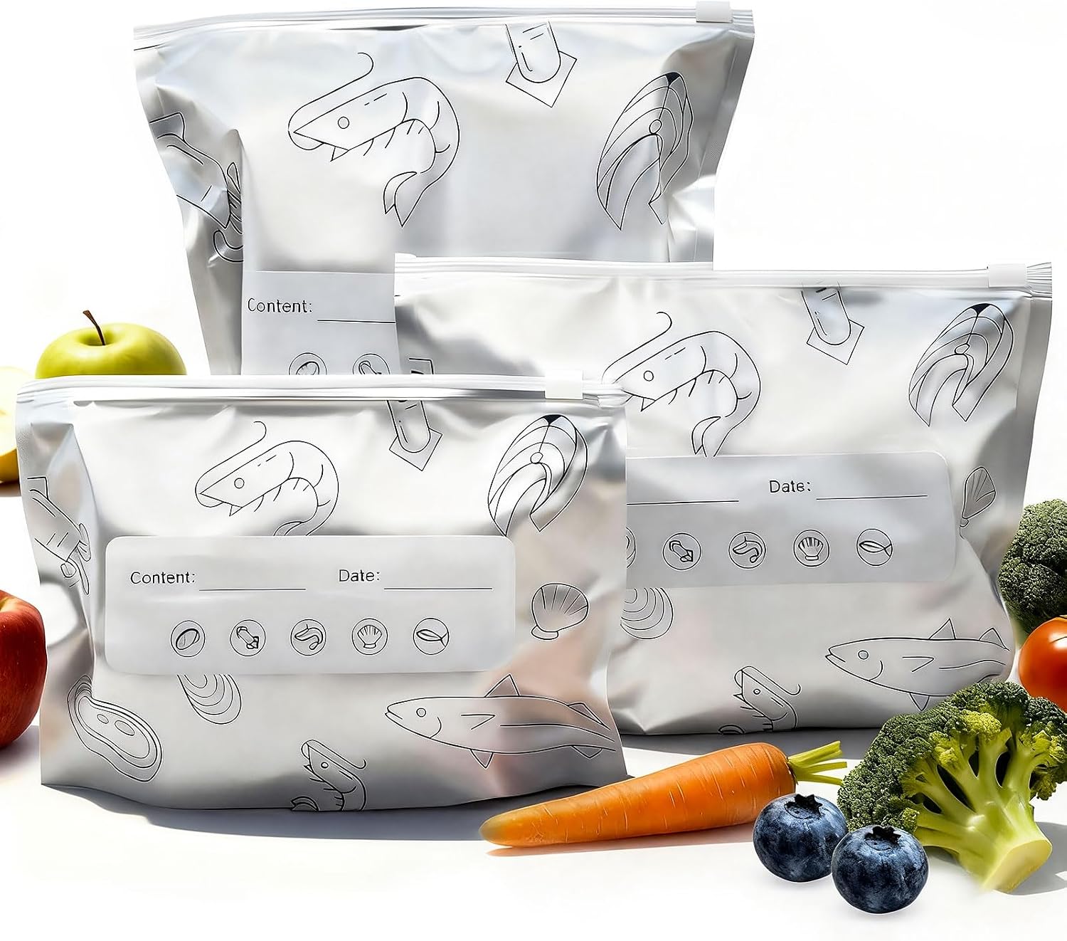 Aluminum Foil Food Storage Bags, Reusable Freezer Bags for Refrigerator, Stand Up Airtight Vacuum Sealer Bags, Heavy Duty Smell Proof Lock Freshness, Perfect for Meat, Vegetables (30, 3 SIZE / 30 PCS)