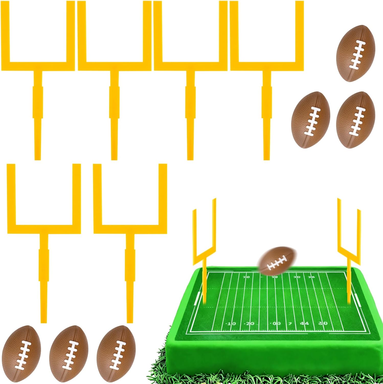 Hooqict 12Pcs Football Cake Decorations Set with Mini Football Goal Post Cake Toppers & Cupcake Toppers for Sport Theme Game Day Decorations Tailgate Party Supplies