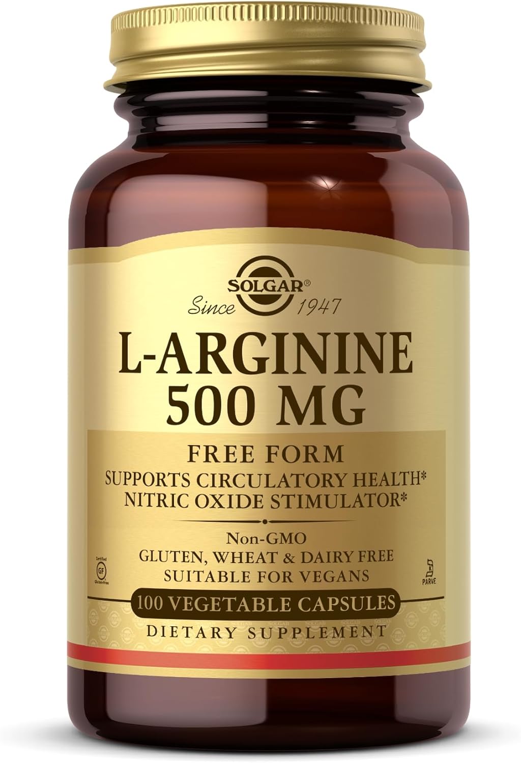 Solgar L-Arginine 500 mg - 100 Vegetable Capsules - Nitric Oxide Stimulator - Non-GMO, Vegan, Gluten Free, Dairy Free, Kosher - 100 Servings