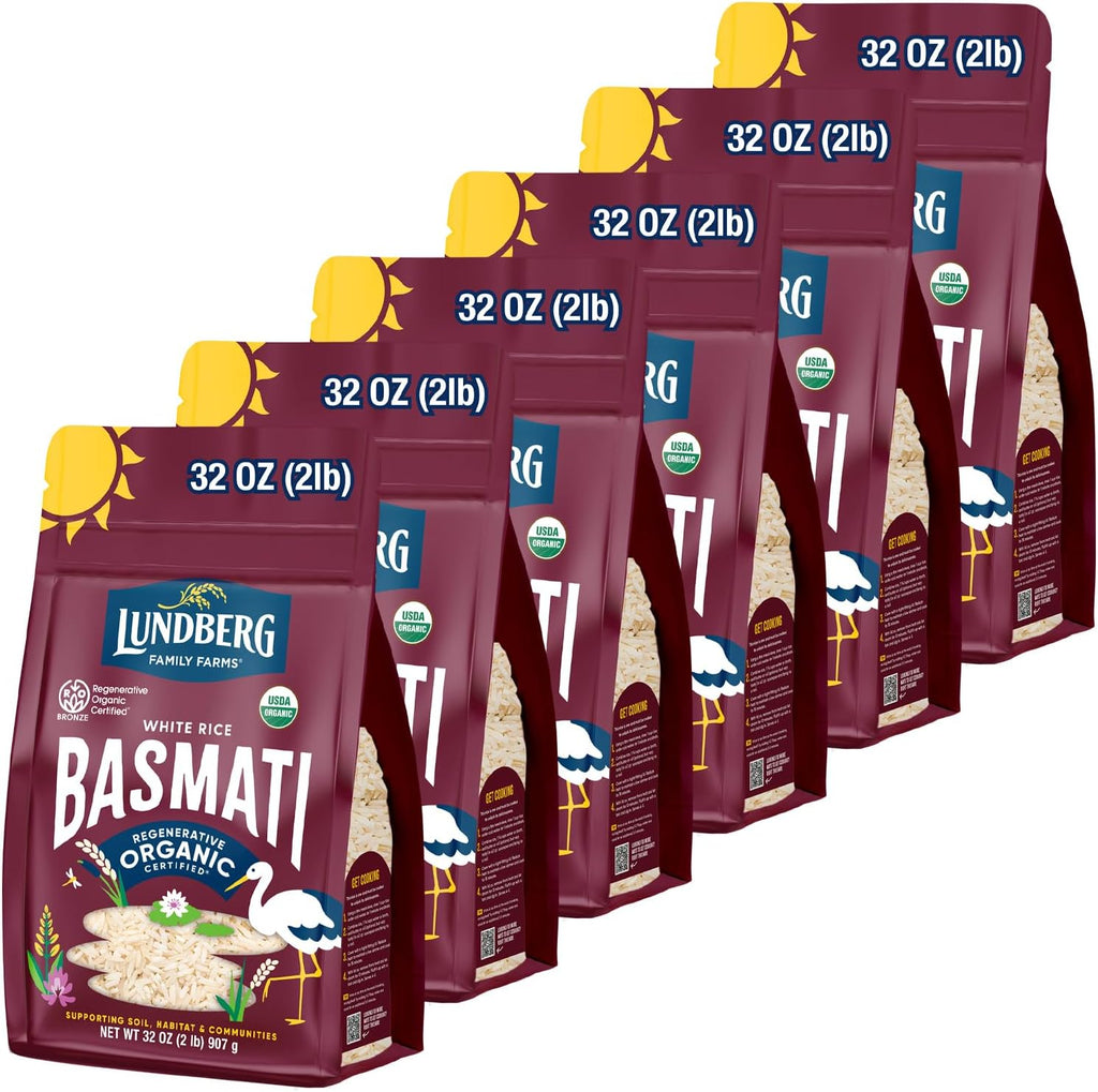 Lundberg Basmati Rice, Organic Long Grain White Rice - Non-Sticky, Fluffy Aromatic Rice, Vegan Food, Healthy Meals, Gluten-Free Rice Grown in California, 32 Oz (Pack of 6)