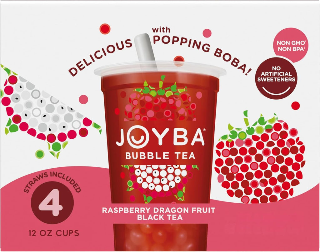 Joyba Bubble Tea Raspberry Dragon Fruit Black Tea with Popping Boba, 4 Pack, 12 fl. oz. Cups
