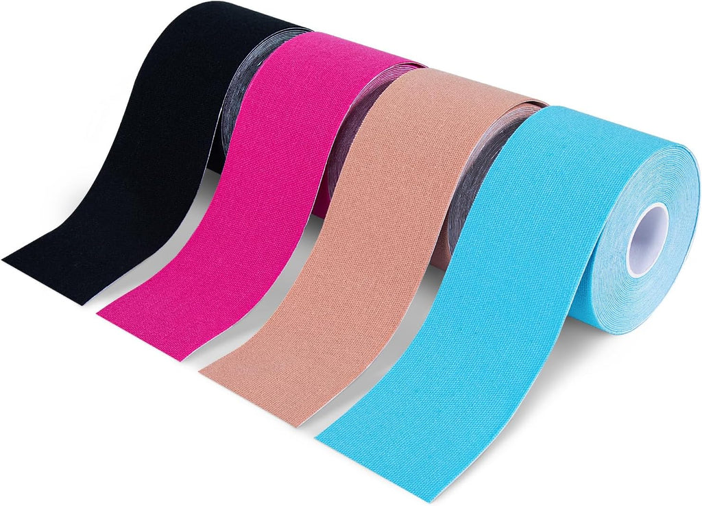 OBTANIM 4 Rolls Waterproof Breathable Kinesiology Tape, Athletic Elastic Kneepad Muscle Pain Relief Knee Taping for Gym Fitness Running Tennis Swimming Football (Black, Skin, Pink, Light Blue)
