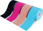 OBTANIM 4 Rolls Waterproof Breathable Kinesiology Tape, Athletic Elastic Kneepad Muscle Pain Relief Knee Taping for Gym Fitness Running Tennis Swimming Football (Black, Skin, Pink, Light Blue)