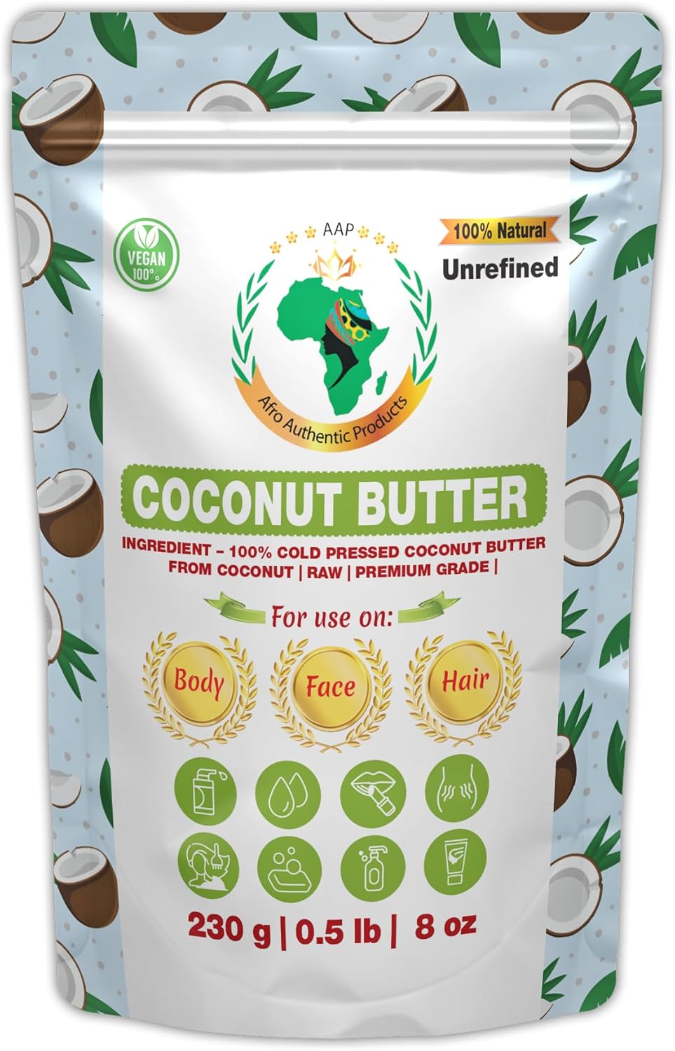 Africanada Foods Authentic Raw Coconut Butter | Butter | For DIY Face, Body, Hands | Unrefined | 100% Pure| Organic from Africa | Resealable Bag | 0.5 LB (230g)