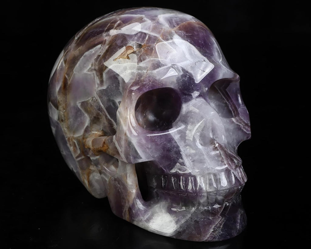 Skullis 5.0”Dream Chevron Amethyst Crystal Skull, Hand Carved Gemstone Fine Art Sculpture, Reiki Healing Stone Statue 3301.