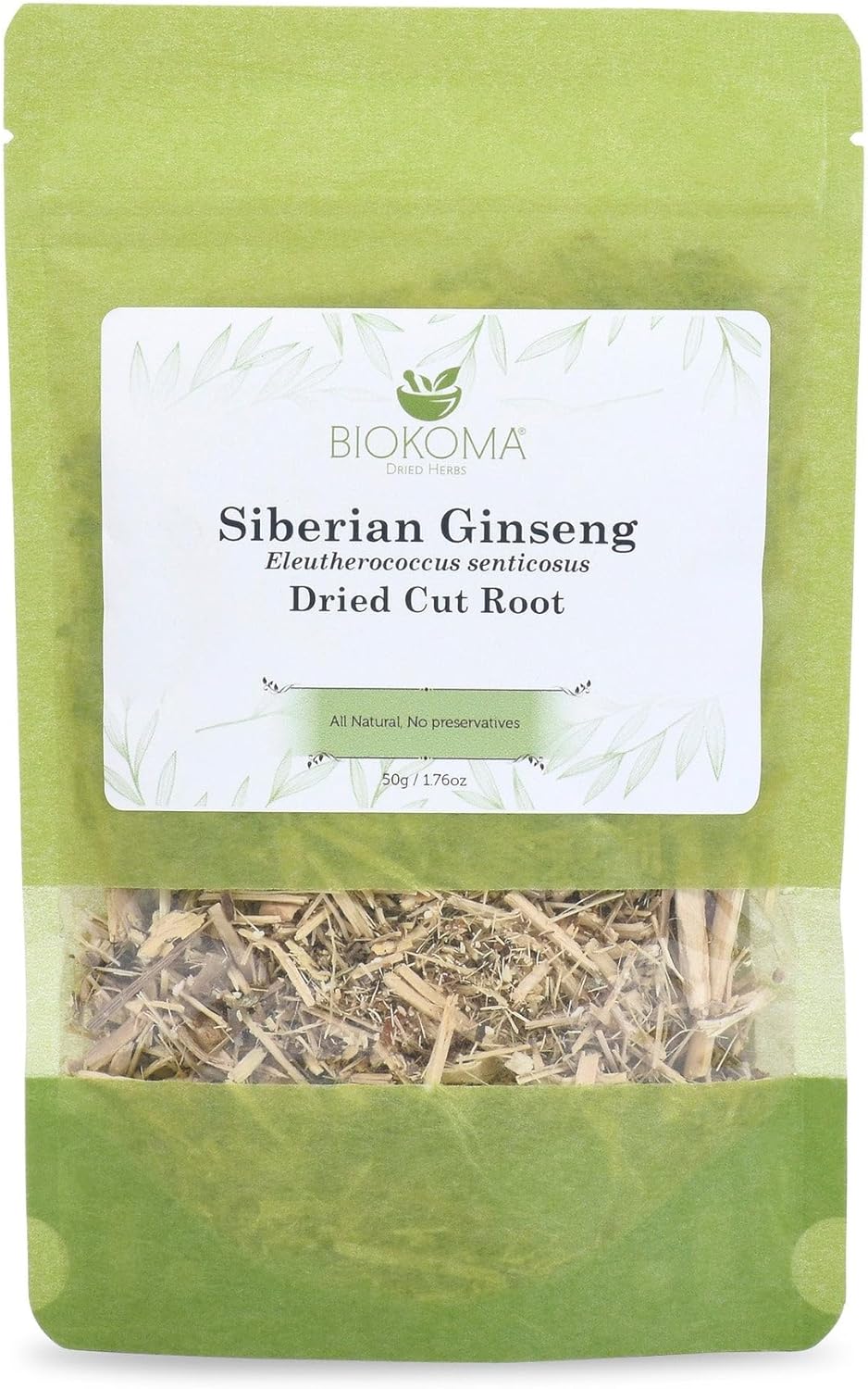 Biokoma Siberian Ginseng Root 50g (1.76 oz) Eleuthero senticosus - Dried Cut Energy Boost Wellness Support Herbal Tea Caffeine-Free Resealable Moisture Proof Pouch No Additives No Preservatives Kosher