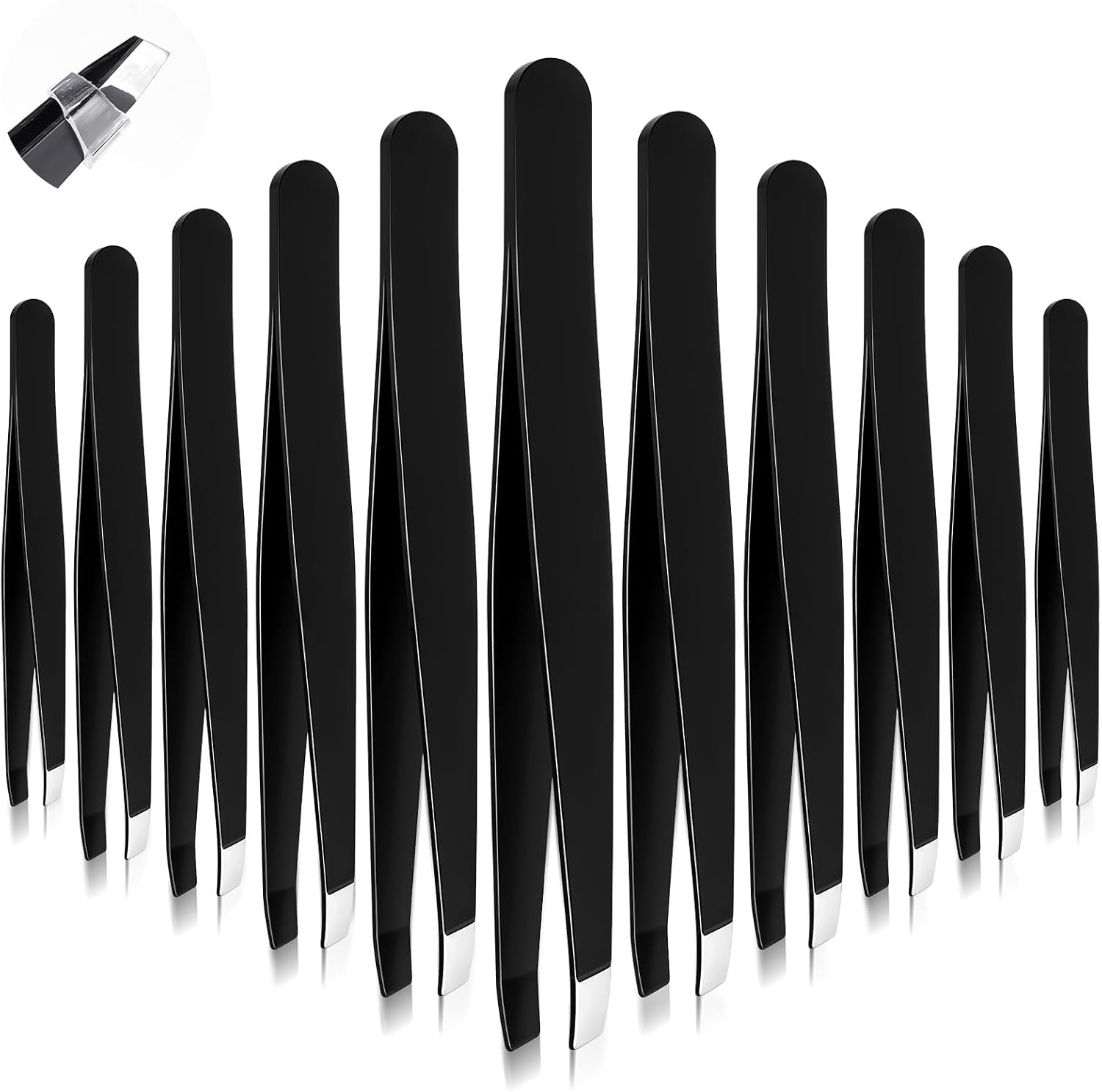Tweezers for Eyebrows, 12 Pcs Eyebrow Tweezers Set Stainless Steel Slant Tip Tweezer Bulk Brow Tweezer for Women Men Facial Hair, Black