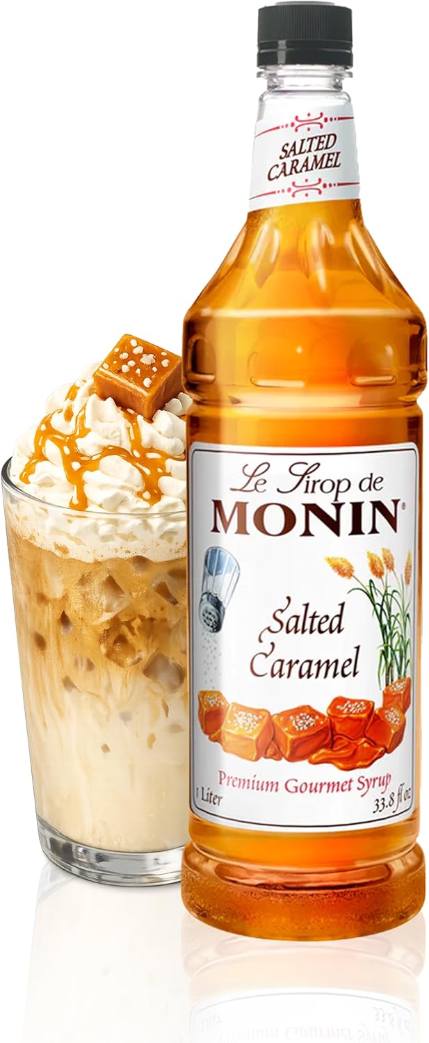 Monin - Salted Caramel Syrup, Natural Flavors, Great for Mochas, Lattes, Smoothies, Shakes, and Cocktails, Non-GMO, Gluten-Free (1 Liter)