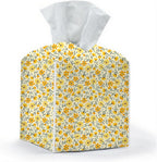 Tissue Box Cover, Tissue Box Holder, Square with Belt Bottom, PU Leather Decorative Organizer for Desk, Tabletop, Countertop Bathroom, Toilet Car,Office, Dresser Bedside, Aesthetic Yellow Flower Decor
