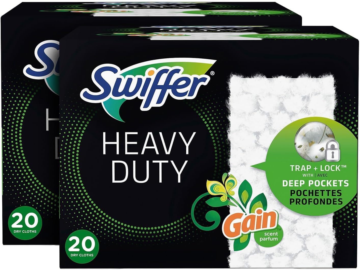 Swiffer Sweeper - Heavy-Duty - Dry Cloth Refill, Gain Scent, White - Trap + Lock with Deep Pockets - 20 Ct. (Pack of 2)