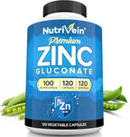 Nutrivein Premium Zinc Gluconate 100mg - 120 Capsules: High-Absorption Zinc Gluconate Supplements for Whole-Body Well-Being - Essential Elements for Wellness