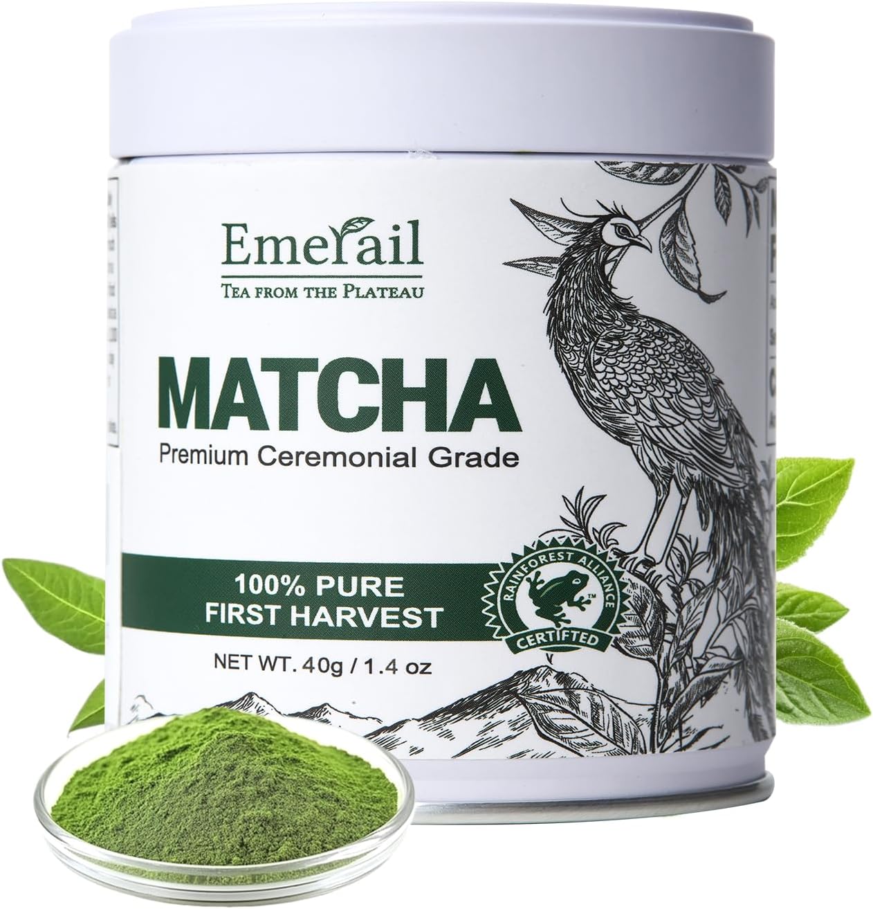 Emerail Ceremonial Grade Green Tea Matcha Powder, Premium First Harvest Unsweetened, 100% Pure Matcha for Lattes, Smoothies, and Baking (40g / 1.4oz)
