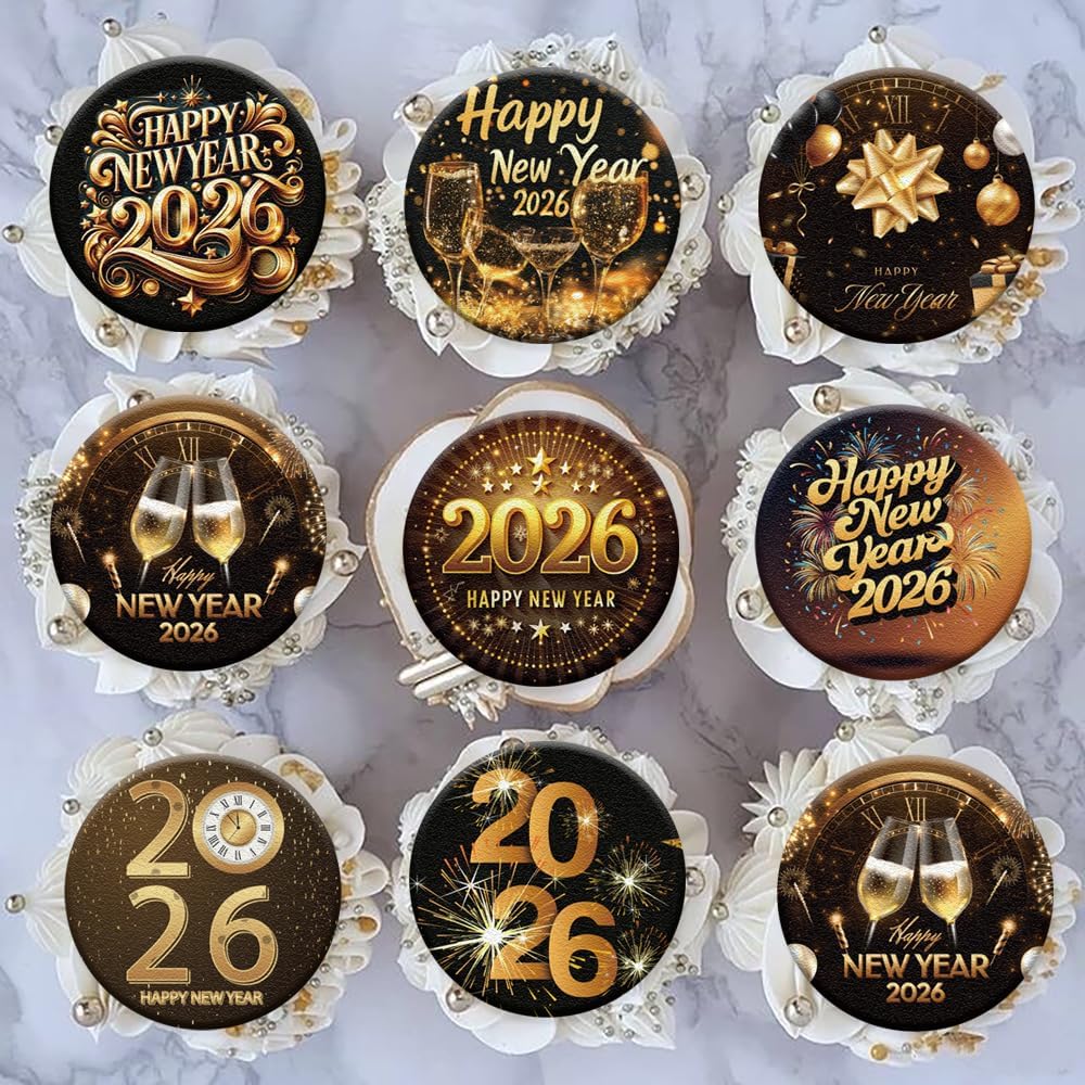 36PCS Edible 2026 Happy New Year Cupcake Toppers Wafer Paper Hello 2026 Cupcake Picks Black Gold 2026 Cake Toppers for Holiday New Year Theme Party Decor Supplies (Pattern 1)