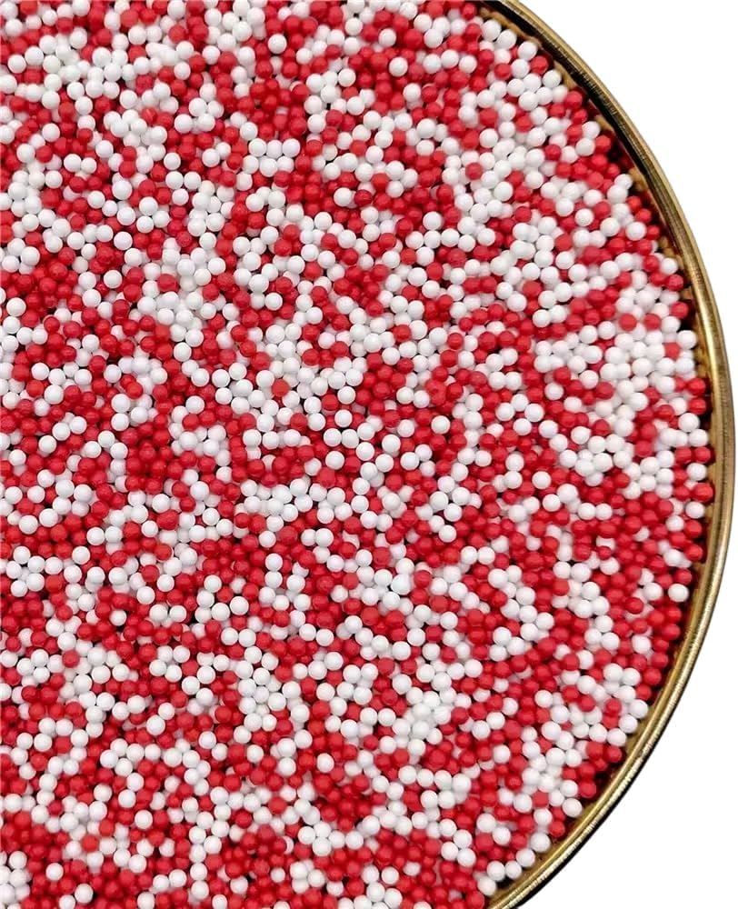 Sprinkles, White Red Edible Pearl Sprinkles for Cake Decorations, Baking, Ice Cream, Cookies, Cupcake Topper Edible Pearls Sprinkles - 2mm Matte White Sugar Pearls for Cake Decorating 130g/4.6oz 1 Bottle (2mm red white)