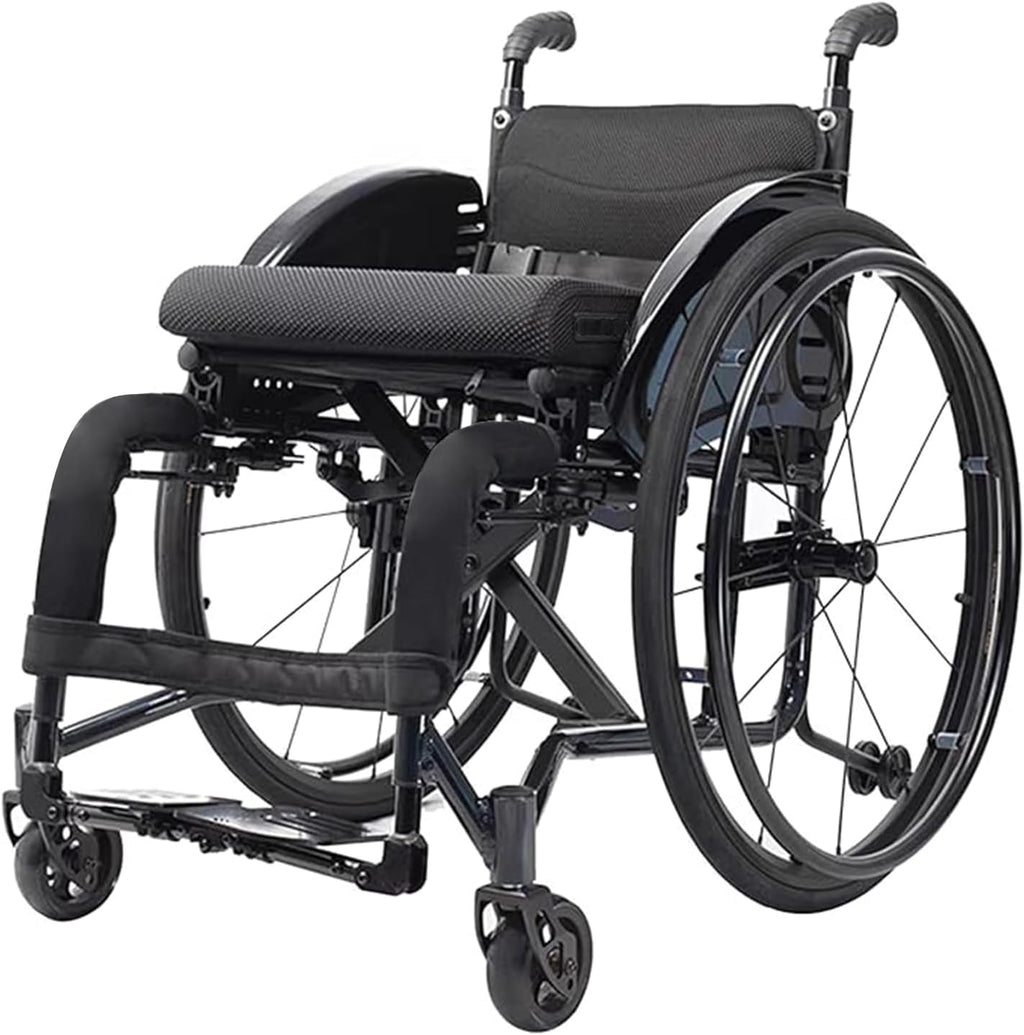 Folding Sports Wheelchair, Lightweight Wheelchair for Adults, Adjustable Footrest and Seat Height,Self-propelled Manual Chair with Anti-Tipper, All Terrain Wheelchair (Black)