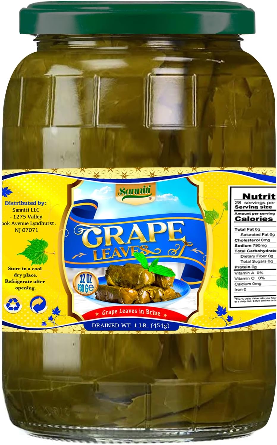 Sanniti Grape Leaves in Brine | Net Weight 32 oz | Drained Weight 1 lbs