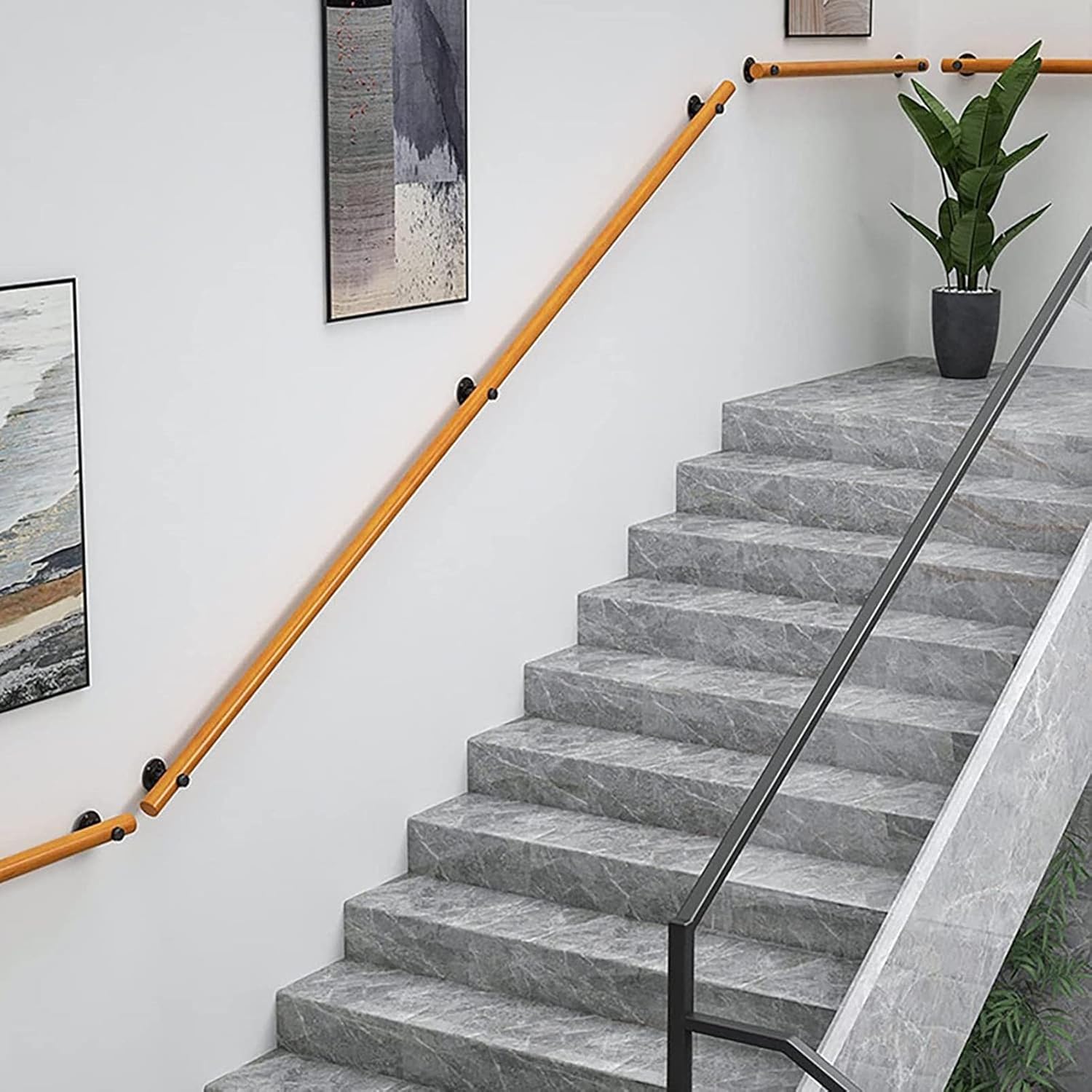 Non-Slip Wooden Stair Handrail 1ft-20ft, Wall Mounted Natural Pine Railing for Elderly & Disabled, Easy Install Staircase Safety Rail with Brackets