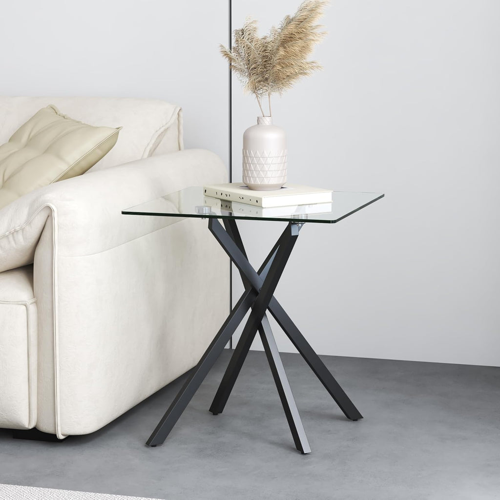 Small Side Coffee Table with Metal Legs, Tempered Glass Square Modern End Table for Living Room Sofa Home Office (1, Black, 20"×20"×22")