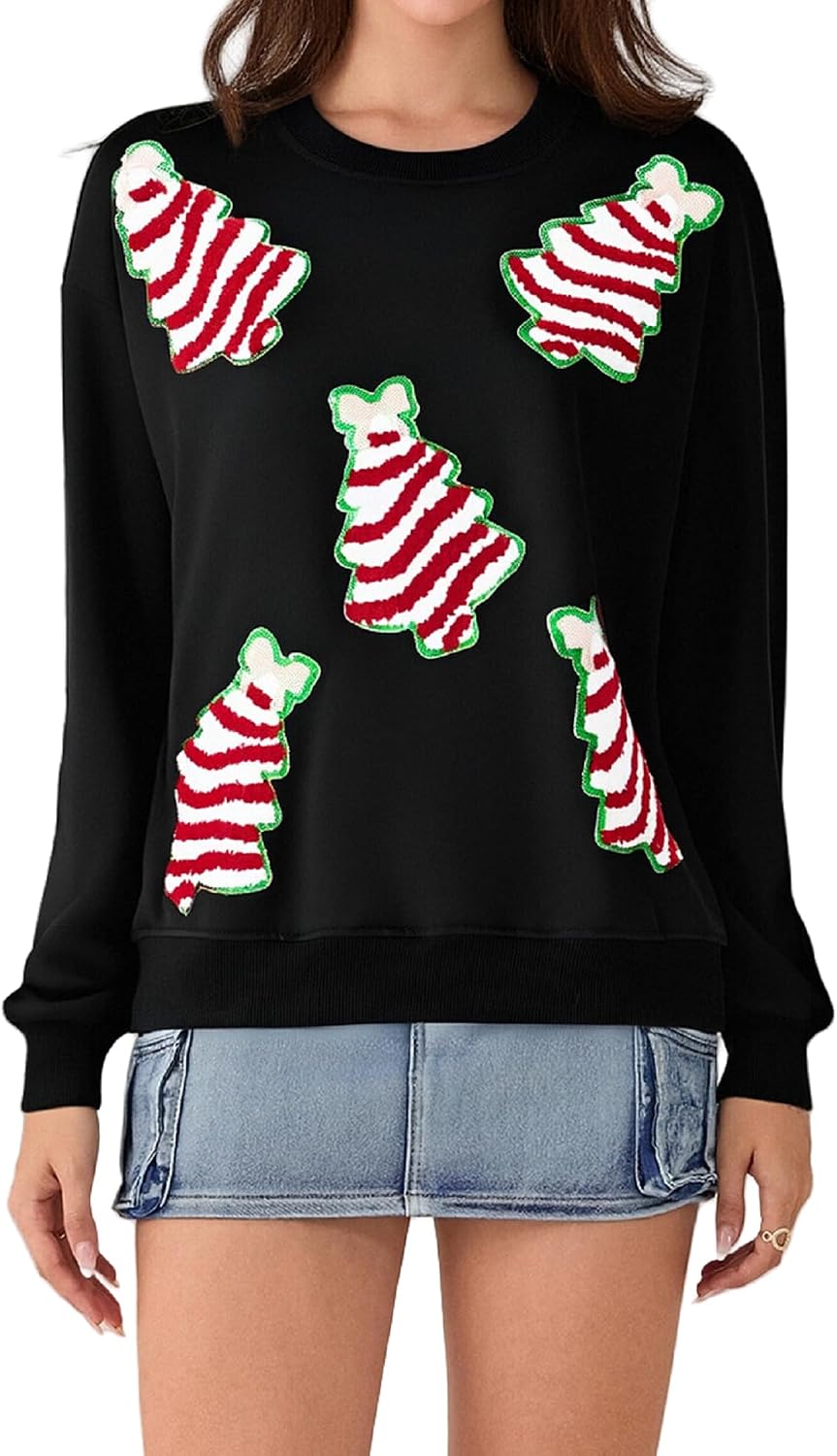 Aonoapll Women Sequin Christmas Sweatshirt Sparkly Santa Xmas Tree Shirt Long Sleeve Crew Neck Oversized Pullover Top