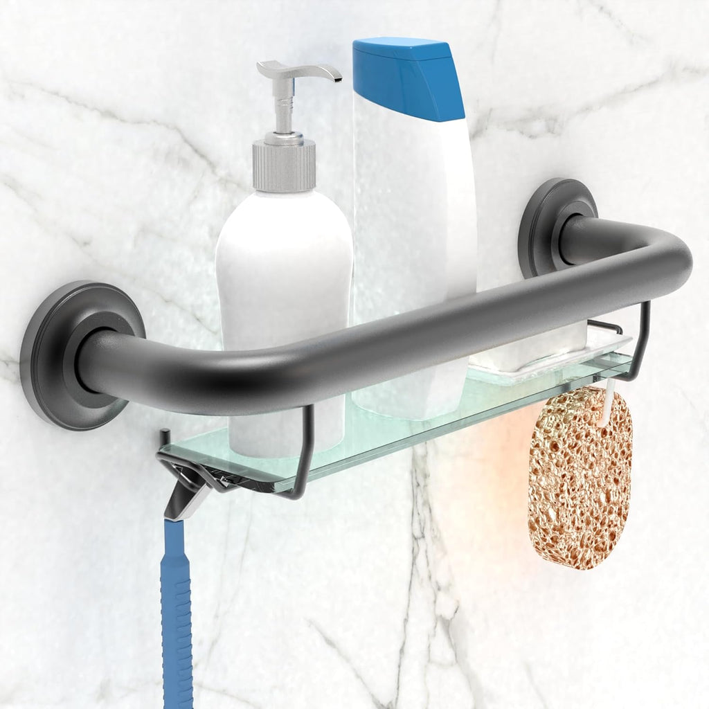 ADA Compliant Grab Bar with Glass Shelf for Shower Wall and Bathtubs, 500lbs Weight Support, 1-1/4 x 16 inch for Stud Mount, Matte Black