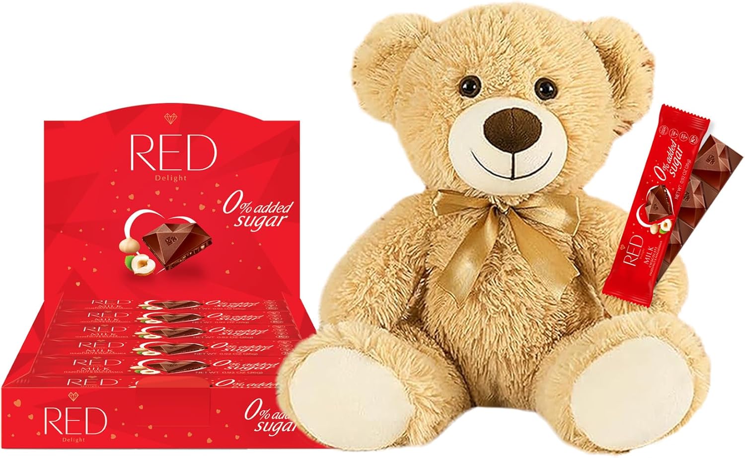RED Delight®™ Hazelnut and Macadamia Milk Chocolate 12 Count Box of Grab N Go Travel Size Bars (0.92 Ounces Each) (1 Box - Total of 12 Bars + 14" Plush Teddy Bear)