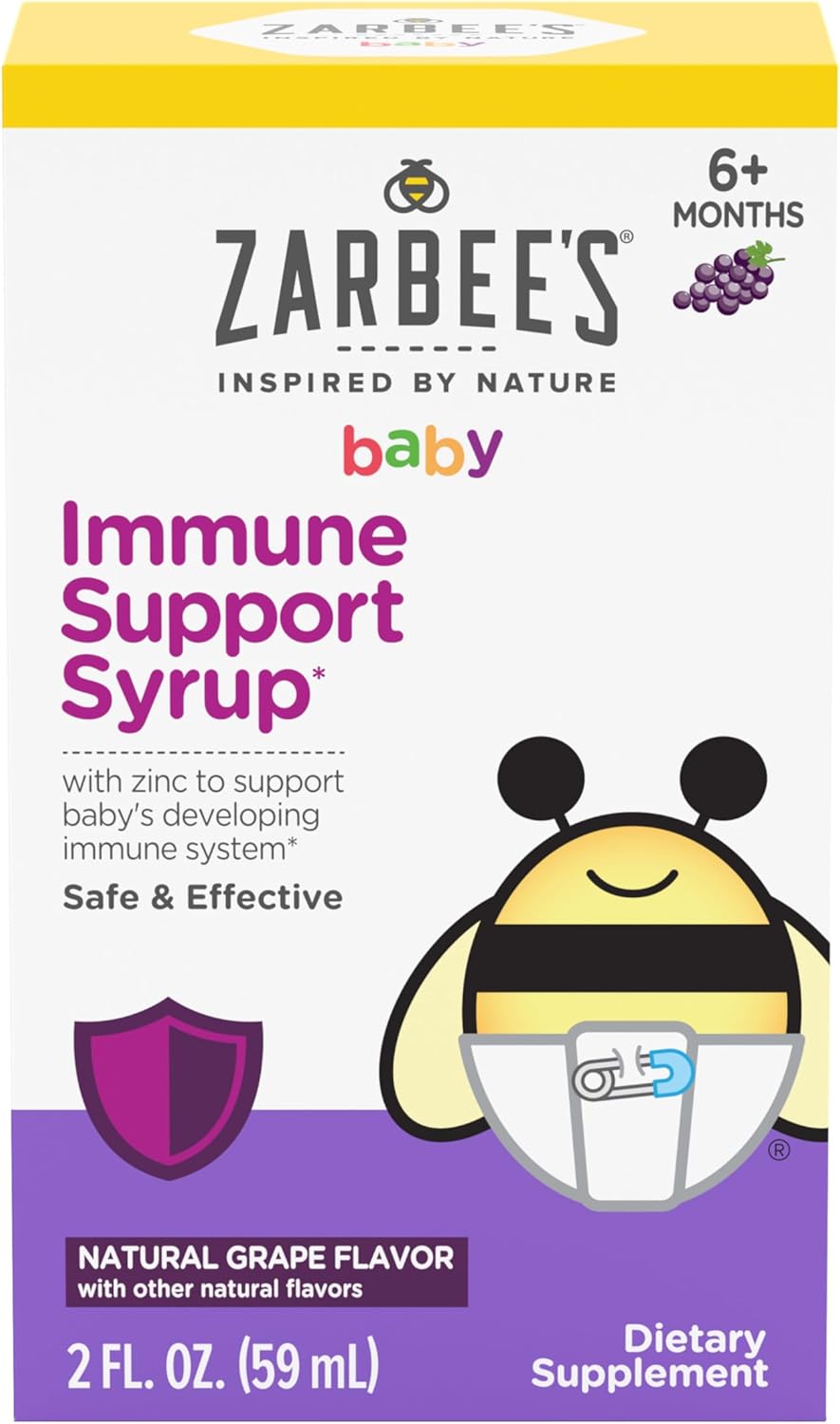 Zarbee's Baby Immune Support with Zinc, Baby & Toddler Vitamin 6 Months+, Includes Syringe for Easy & Accurate Dosing, Natural Grape Flavor, 2oz
