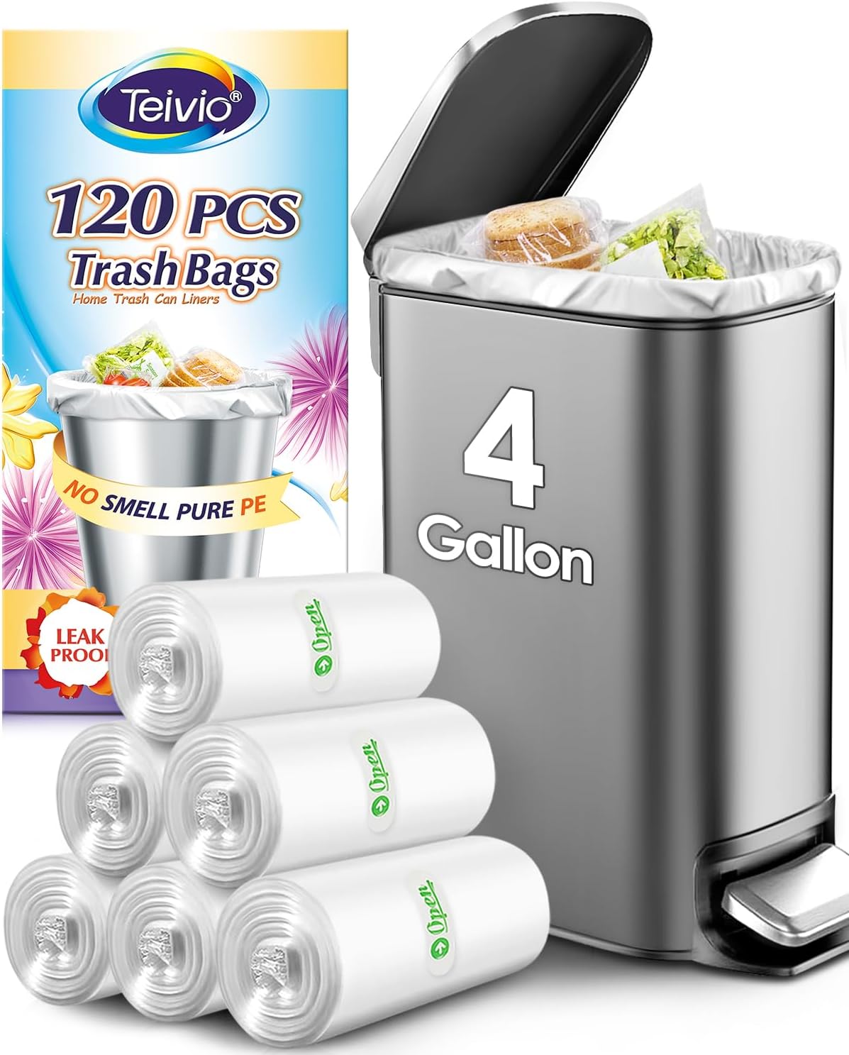 Teivio Small Trash Bags 4 Gallon 120 Counts Garbage Bags, Bathroom Trash Can Bin Liners, Small Plastic Bags for home office kitchen, fit 12-15 Liter, 3,3.5,4.5 Gal, Clear