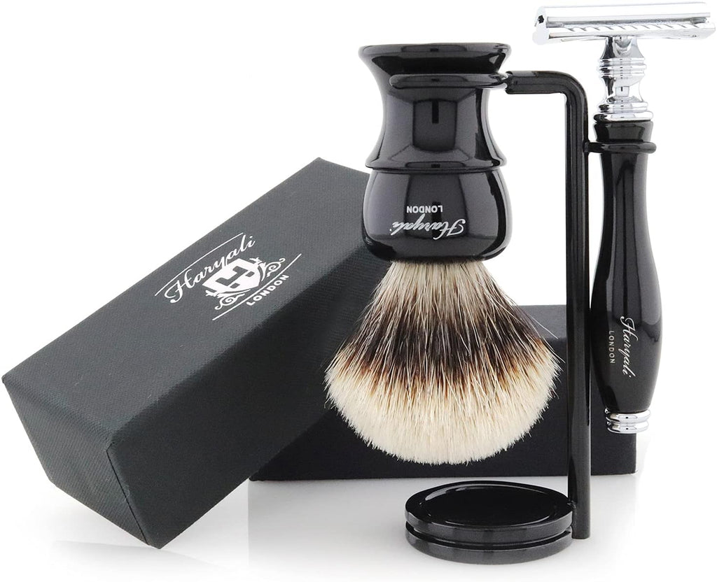 Shaving Set with Safety Razor, Silver Tip Badger Brush with Foot, for Him