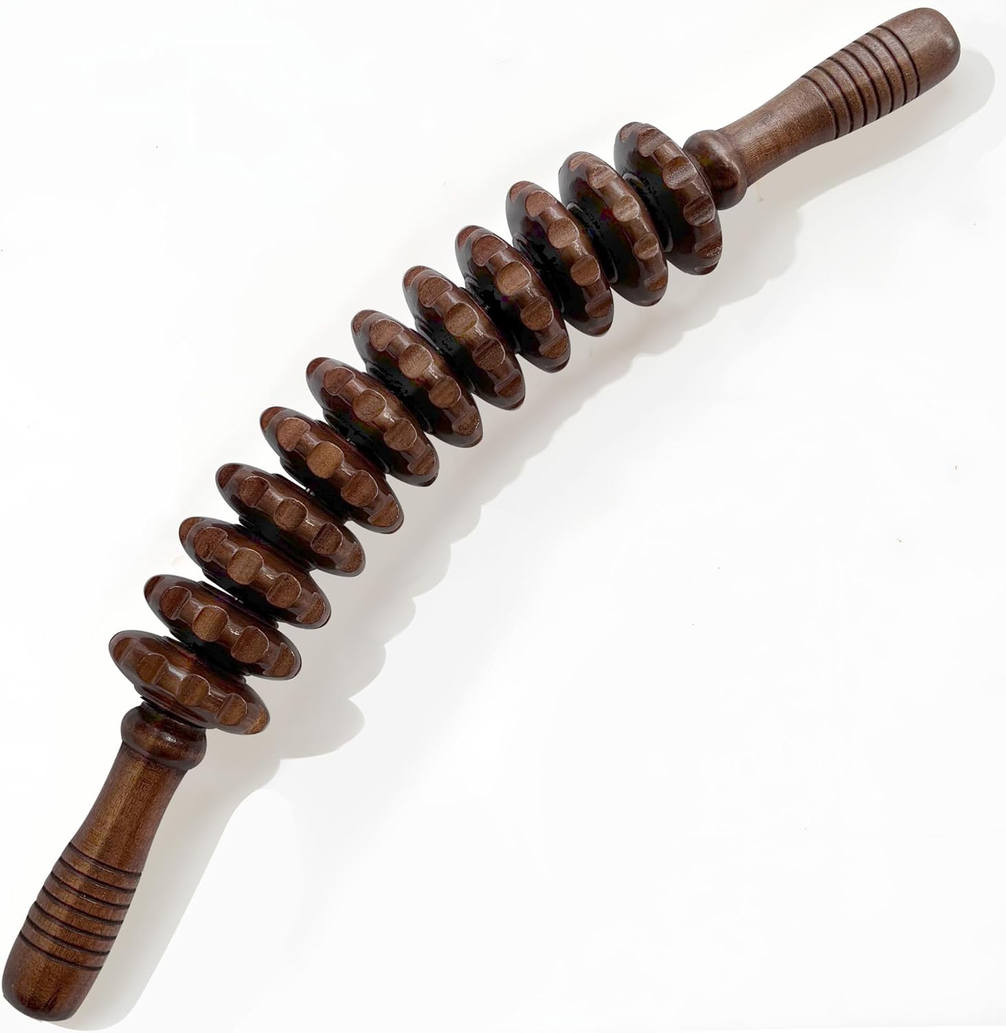 Wooden Curved Handheld Roller Stick Massager - 12 Rollers Wood Therapy Tool for Trigger Point, Fascia & Cellulite Reduction, Lymphatic Drainage, Muscle Tension Relief & Body Shaping (Brown)