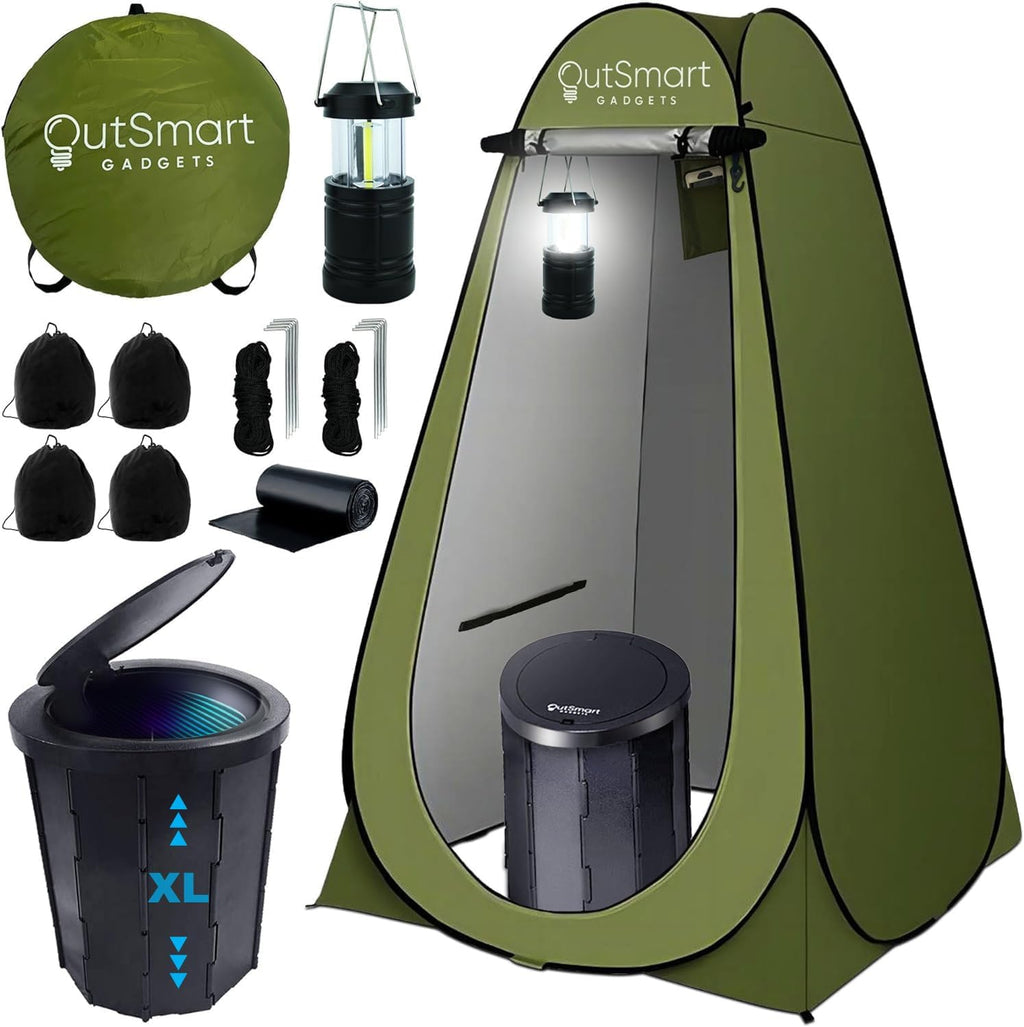 Outsmart Gadgets Outdoor Portable Toilet Set for Adults with Camping Night Lantern, Folding XL Toilet, Pop Up Privacy Tent and Carry Bags, Multipurpose Potty, Washable and Foldable for RV Travel