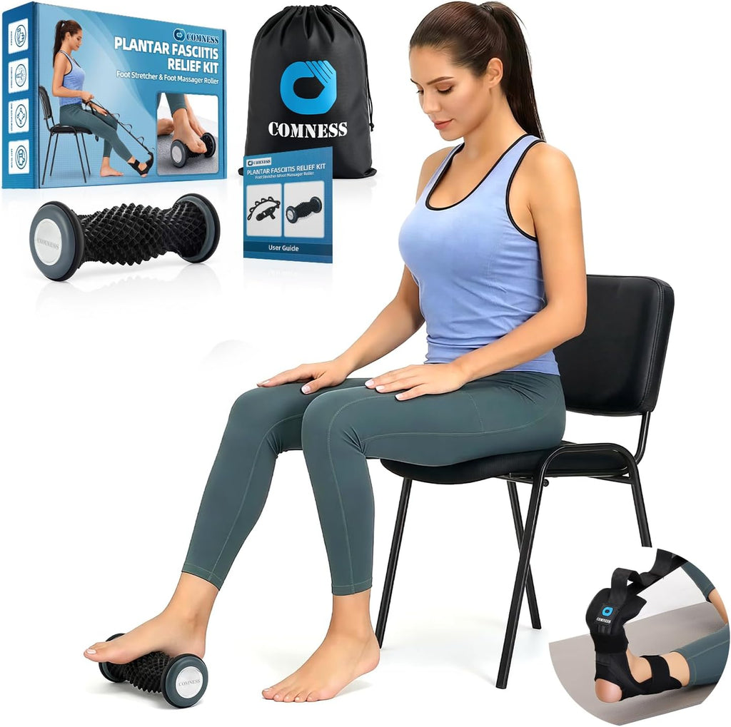 comness Plantar Fasciitis Relief Kit – Foot Stretcher and Foot Massager Roller, Stretch and Roll Routine for Heel Pain,Arch Pain, Simple At-Home Daily Foot Care