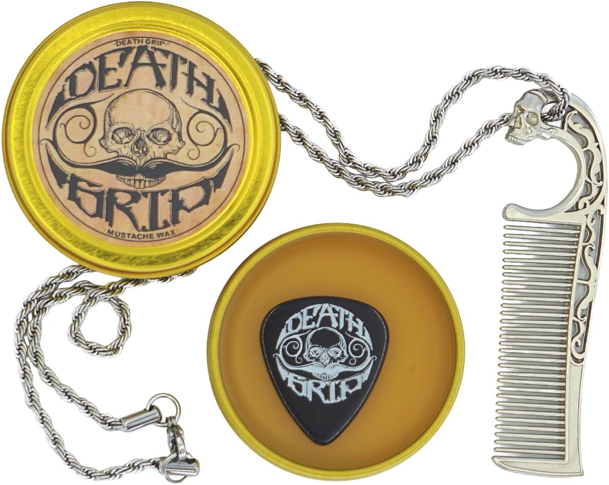 Mustache Wax Extra Strong Hold Death Grip 1 oz Tin & Necklace Death Grip Mustache Comb Mens Combo Kit - Grooming For Men Handlebar Moustache