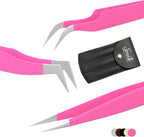 SIVOTE Volume Lash Tweezers for Eyelash Extensions – Professional Stainless Steel Straight & Curved Tips – Precision Lash Extension Tweezers Set for Volume & Classic Lashes (Pack of 3, Pink)