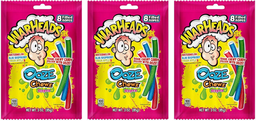 WARHEADS Ooze Chewz Ropes - Chewy Candy Ropes with Sour Filling - Watermelon, Blue Raspberry & Green Apple Flavors - 3 oz. Bags - 3 Pack