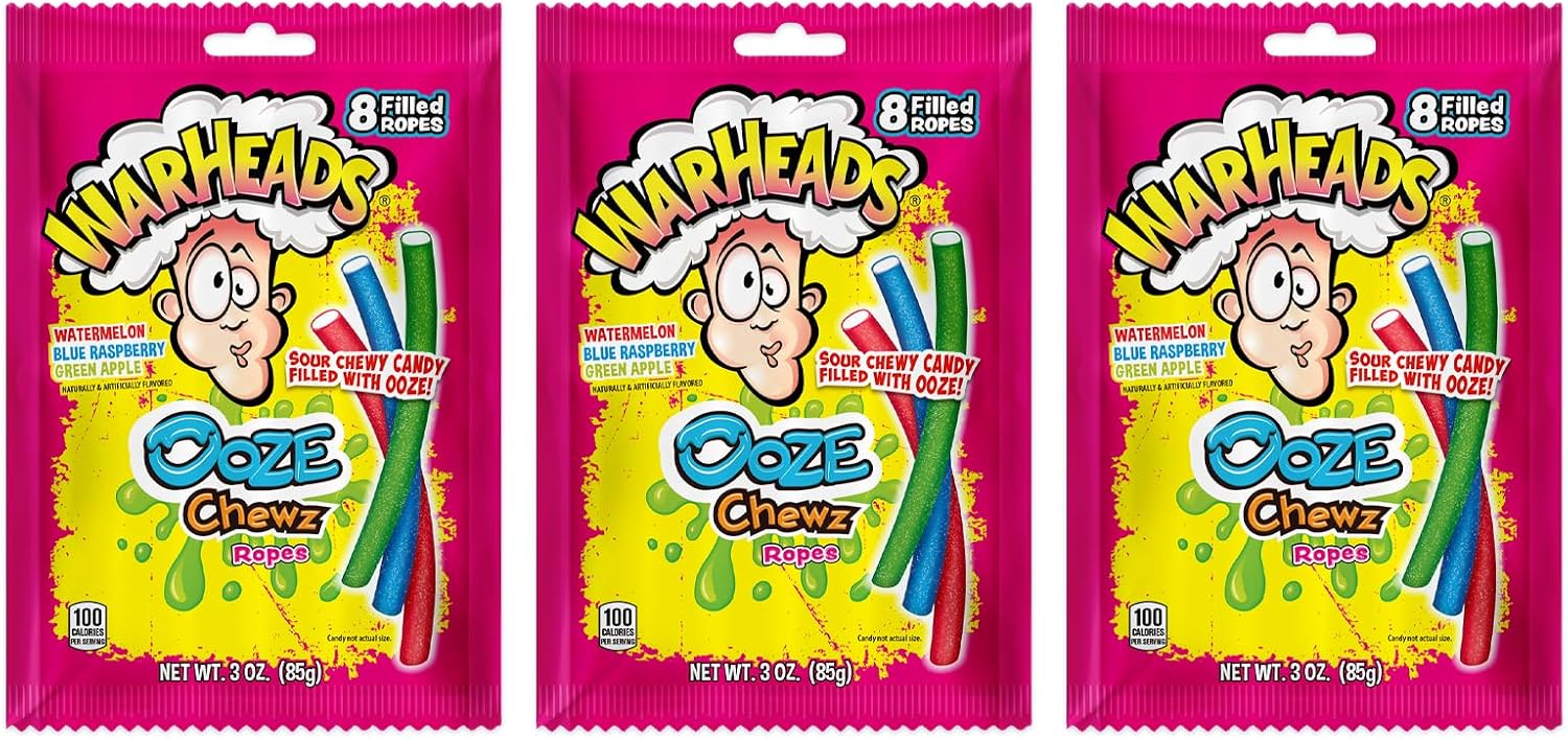 WARHEADS Ooze Chewz Ropes - Chewy Candy Ropes with Sour Filling - Watermelon, Blue Raspberry & Green Apple Flavors - 3 oz. Bags - 3 Pack