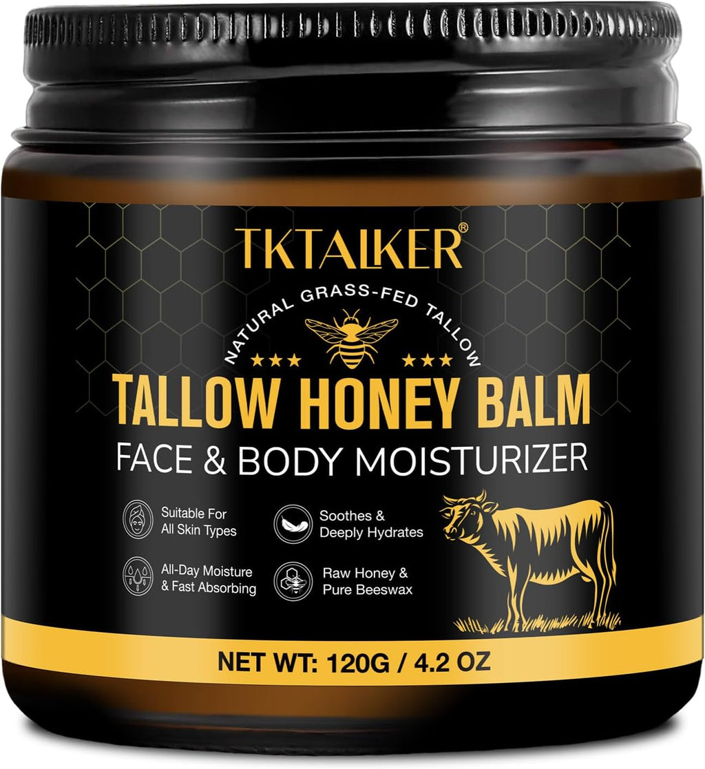 Beef Tallow for Skin, Beef Tallow for Face, Hydrating Tallow Balm with Raw Honey and Beeswax, Grass-Fed Beef Tallow & Raw Wild Honey Blend, Body & Face Moisturizer, Natural Formula, Light Scent