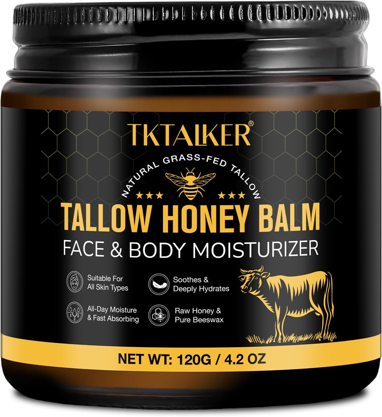 Beef Tallow for Skin, Beef Tallow for Face, Hydrating Tallow Balm with Raw Honey and Beeswax, Grass-Fed Beef Tallow & Raw Wild Honey Blend, Body & Face Moisturizer, Natural Formula, Light Scent