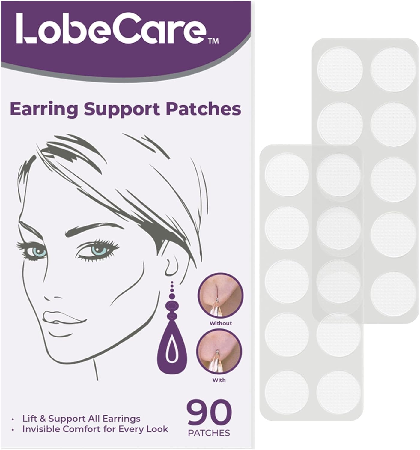 LobeCare - Clear Ear Lobe Support Patches for Earrings - Comfortable and Hypoallergenic Earring Backs for Droopy Ears - Prevents Stretching and Tearing - 90 Patches